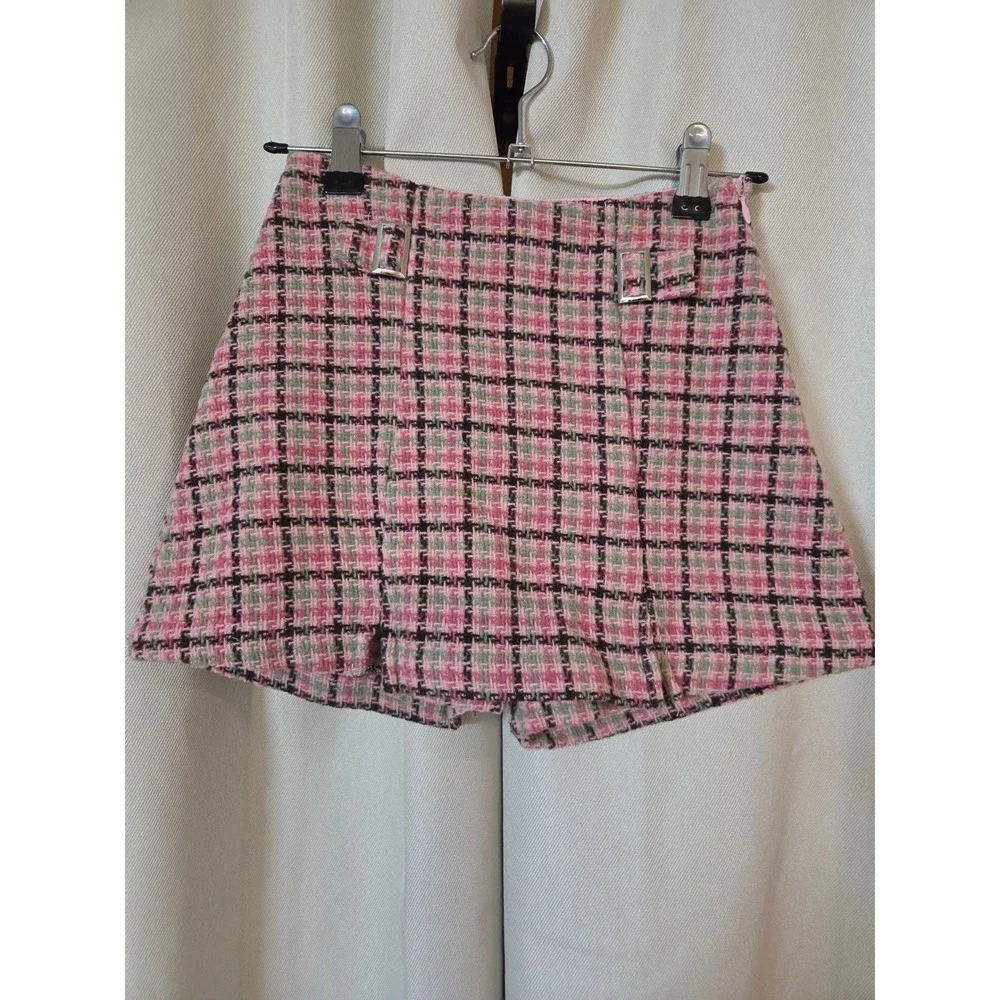 Btween Girls Pink Green Plaid Tweed Skort Faux Skirt Front Size 8